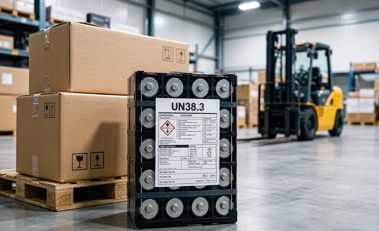 Lithium battery shipping compliance with UN38.3 label on a battery pack in a logistics warehouse