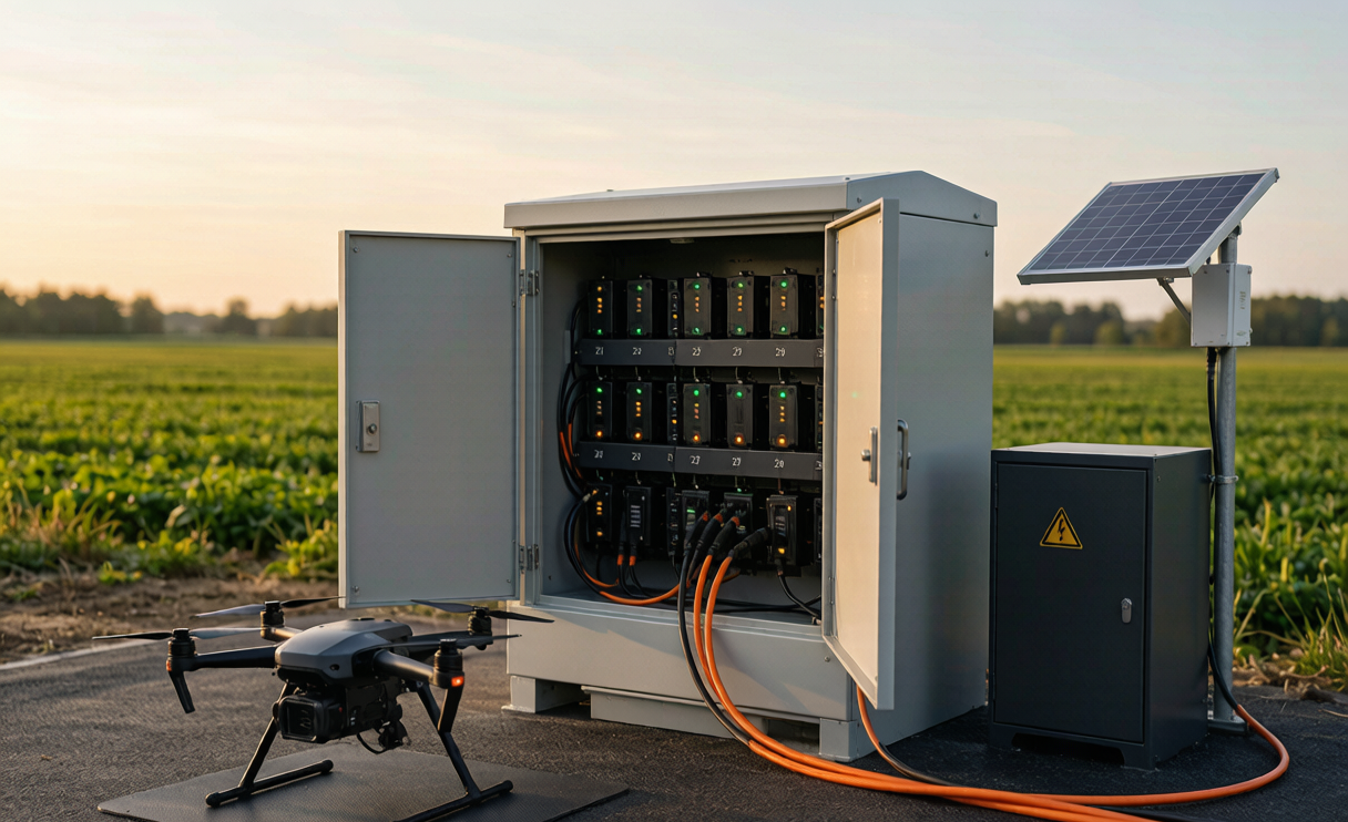 Drone battery charging depot infrastructure with weatherproof charging bays and lithium battery packs at a field site