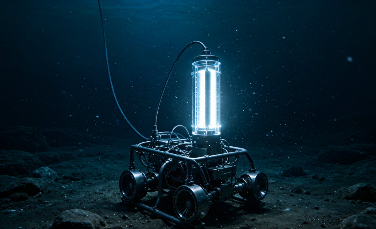 Underwater ROV with a lithium battery pod on the deep-ocean seafloor