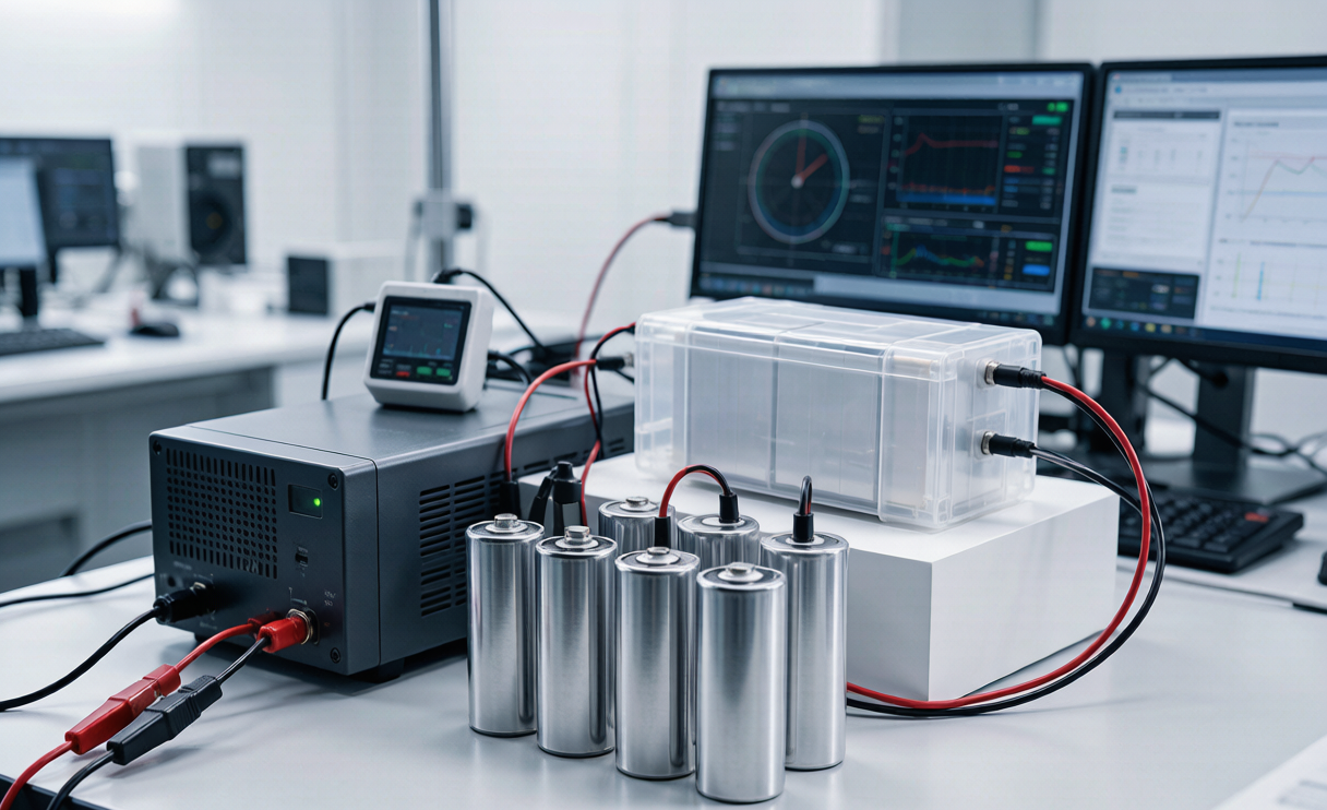 Sodium-ion battery cells undergoing cycle-life testing on a laboratory test bench