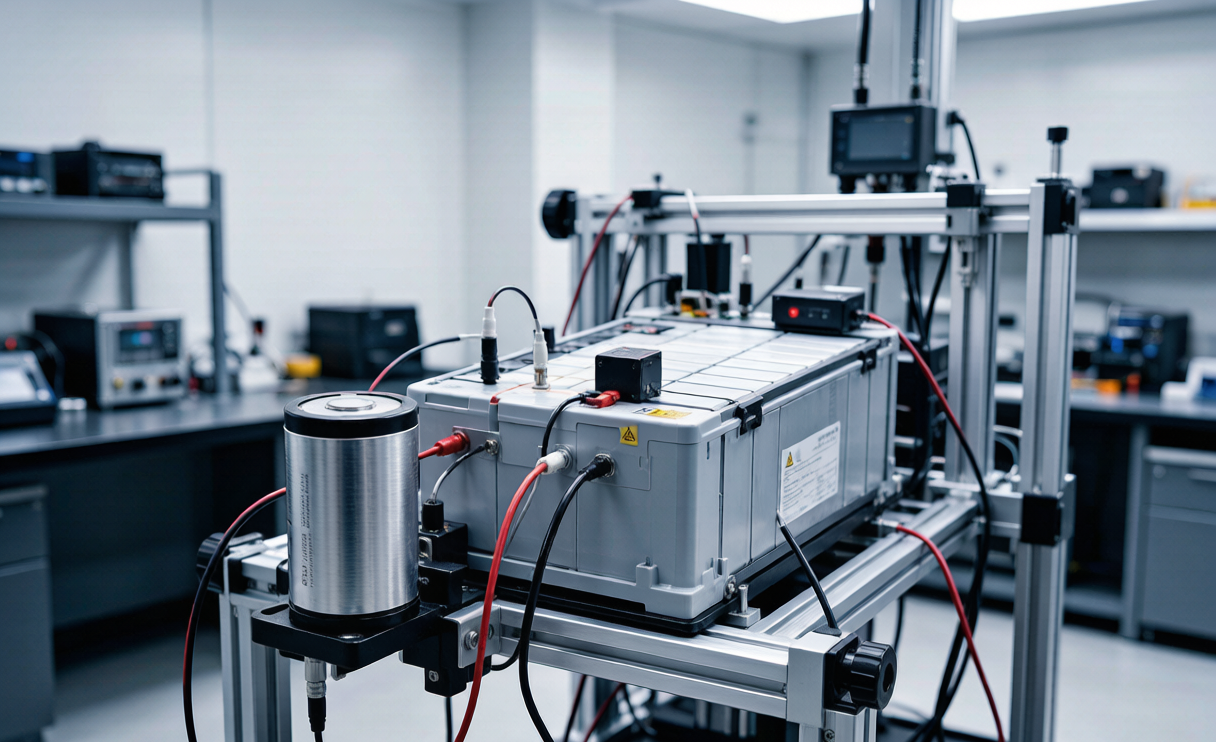 Sodium-ion battery cells undergoing safety testing on a laboratory rig