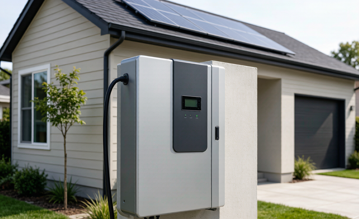 Sodium-ion battery residential storage unit mounted on a home with rooftop solar panels