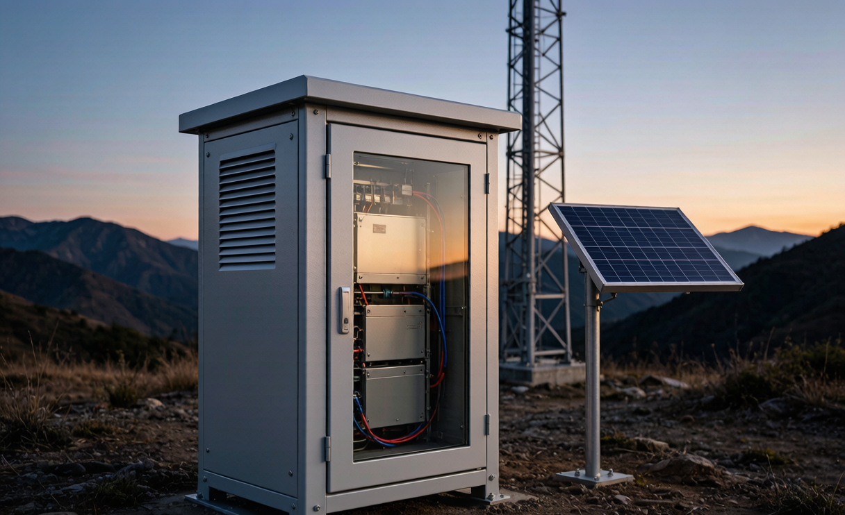 Sodium-ion battery cabinet at a remote off-grid telecom tower site with solar panels