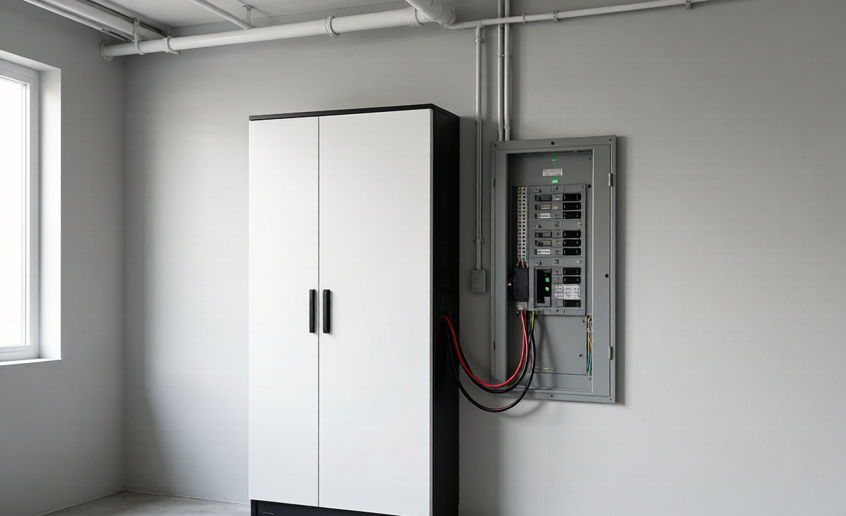home battery backup critical loads panel with wall-mounted lithium battery