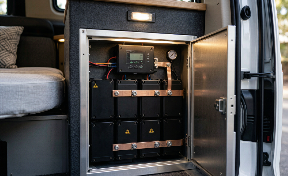 Lithium battery bank installed in an RV and camper van conversion with BMS and busbars