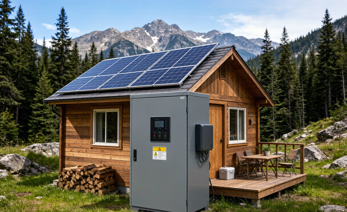 Sodium-ion battery energy storage cabinet beside an off-grid cabin with solar panels