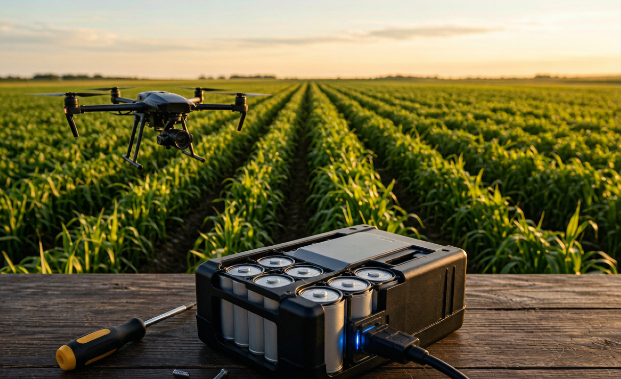 Drone battery powering a multispectral crop health scouting drone over farm fields