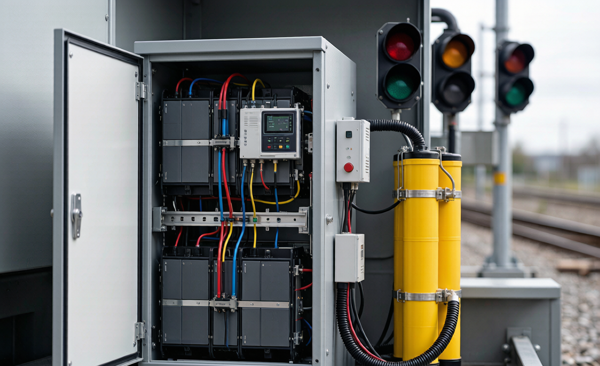 Railway signaling backup battery cabinet with lithium battery modules and battery management system