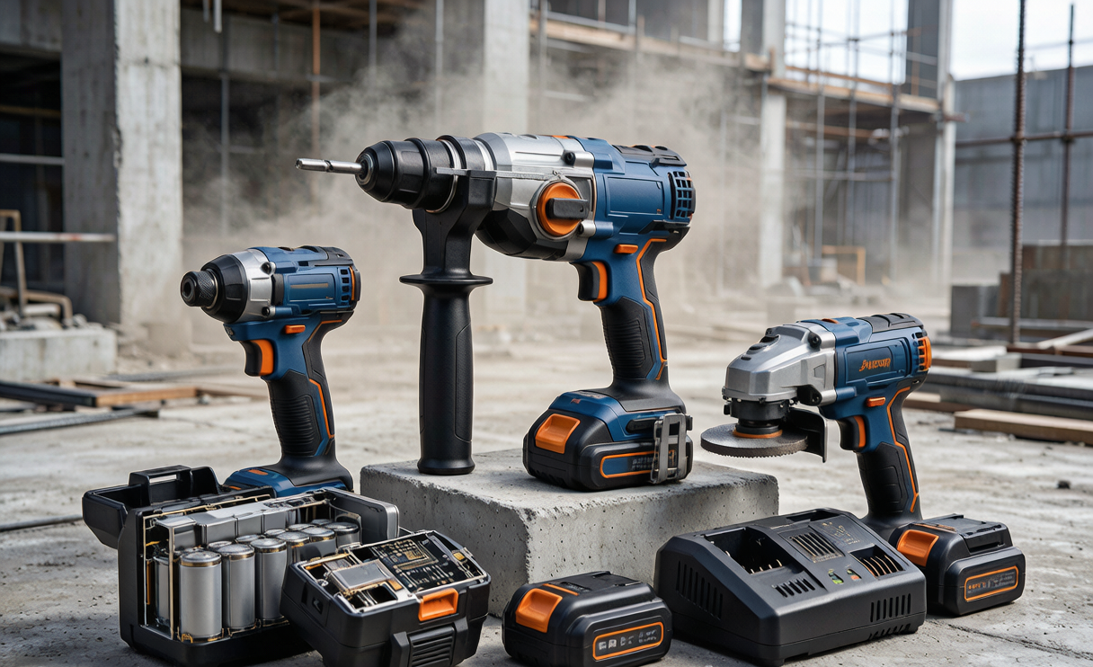 Battery solution for construction power tools: interchangeable lithium pack and multi-bay charger for a cordless tool fleet