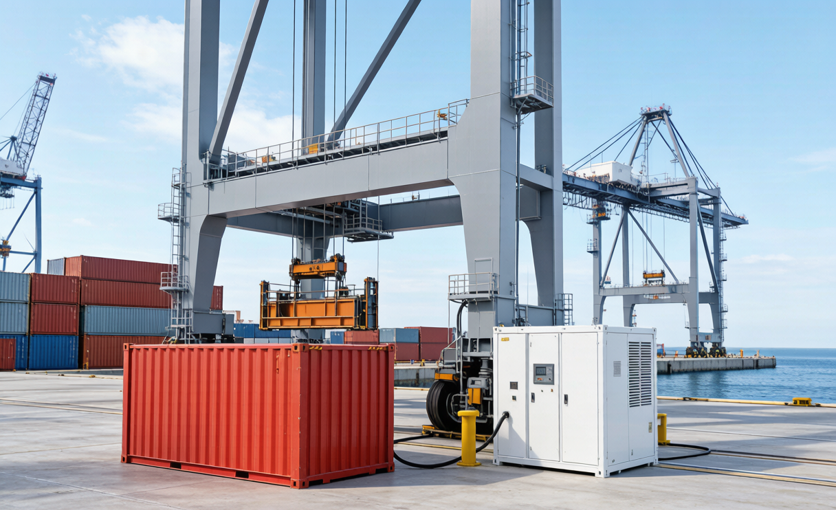 Sodium-ion battery energy storage cabinet powering port gantry cranes at a container quayside