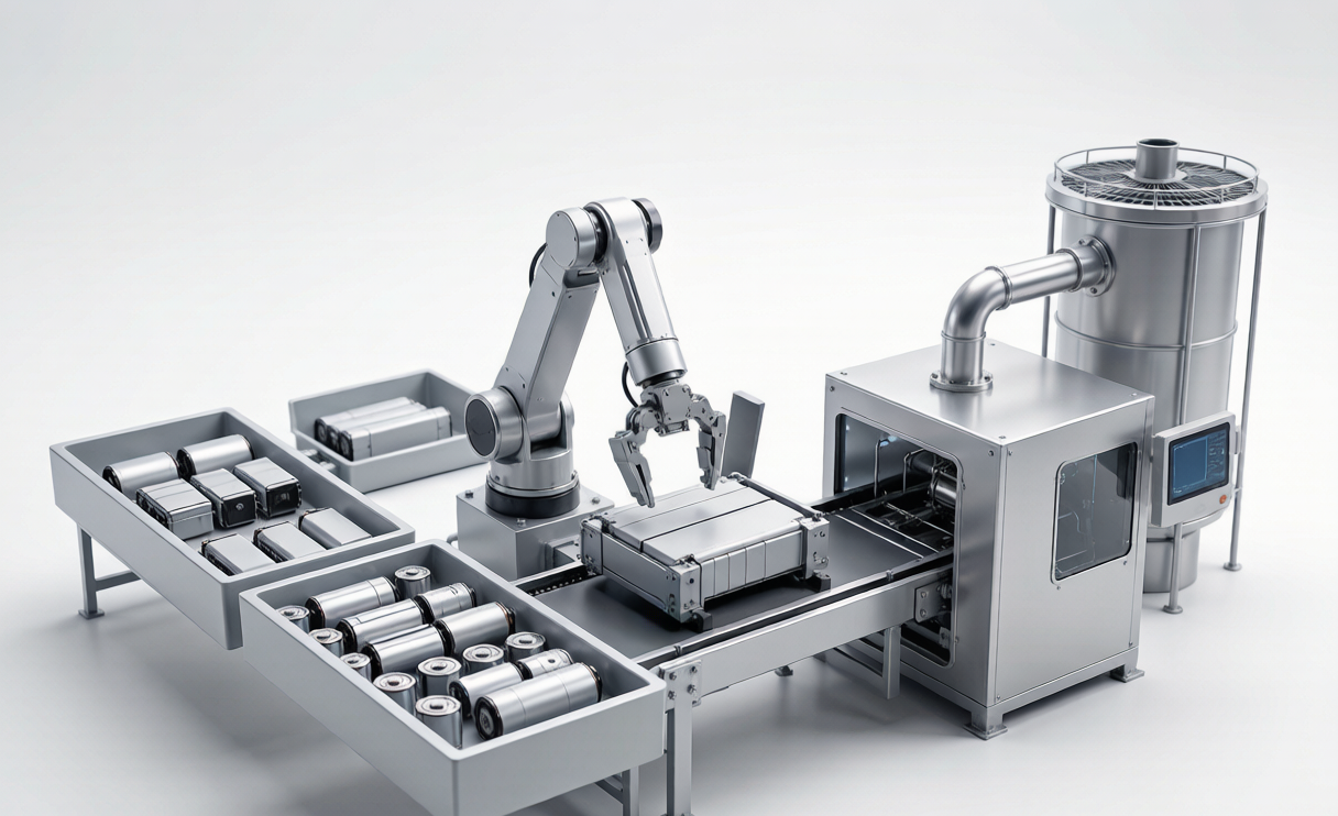 Sodium-ion battery recycling facility sorting and processing battery cells