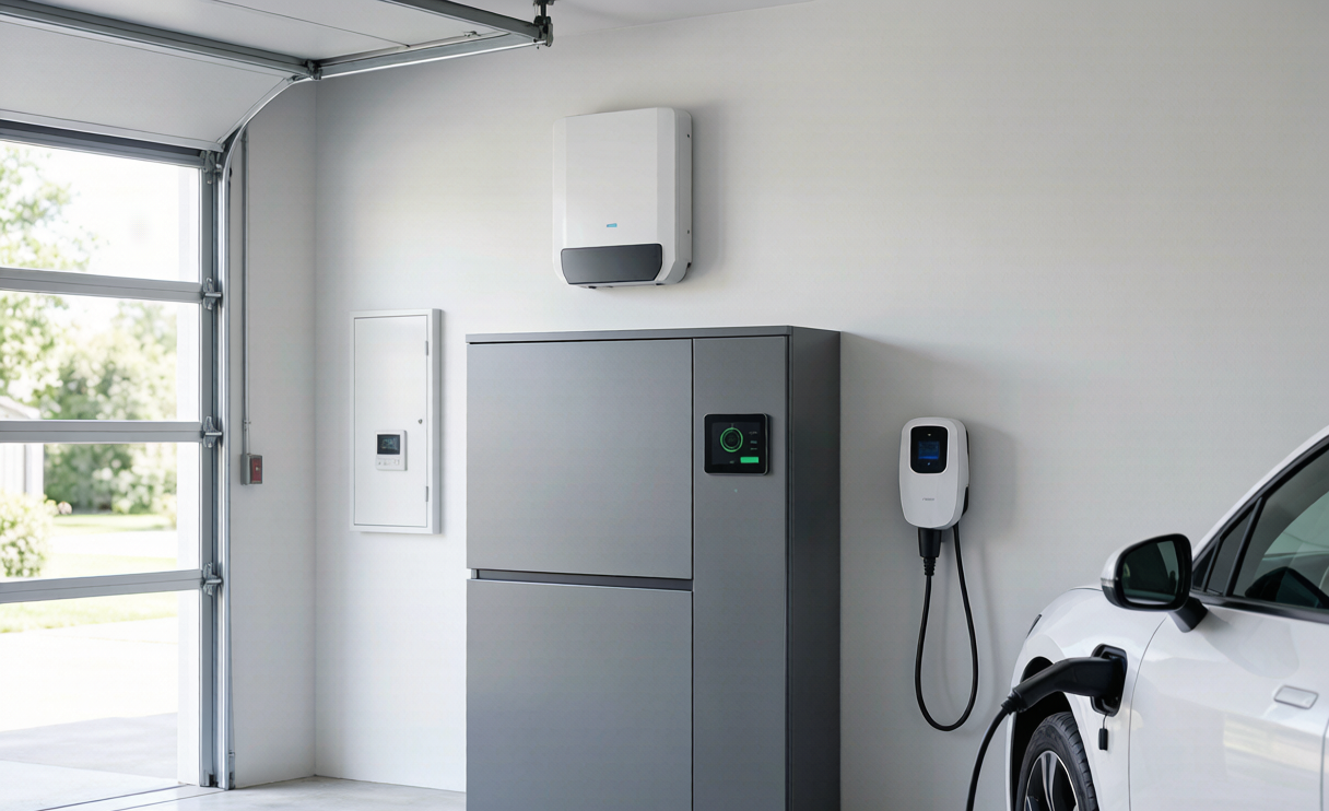 Home energy storage cabinet and EV charging station in a residential garage