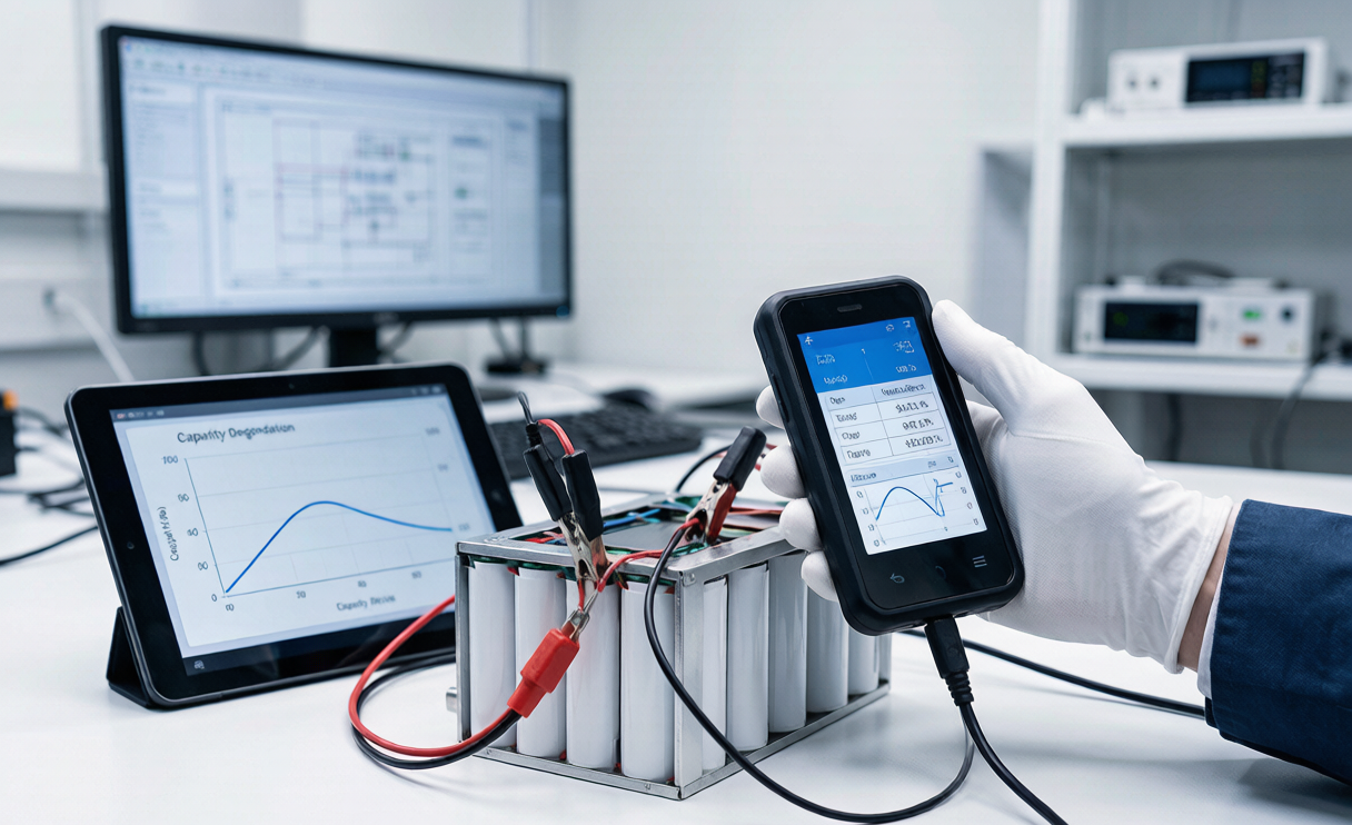 Drone battery capacity drop tested on a lab bench with a diagnostic tablet showing degradation curve