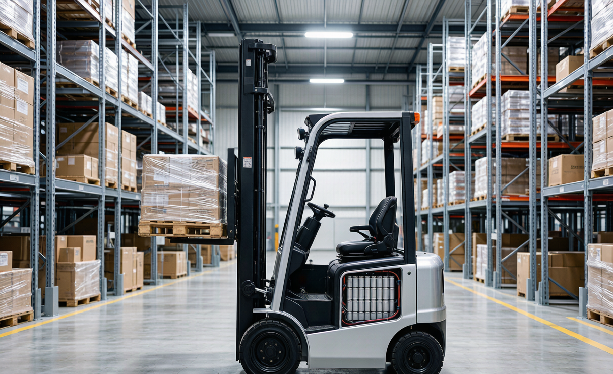 Sodium-ion battery pack installed in an electric forklift inside a warehouse