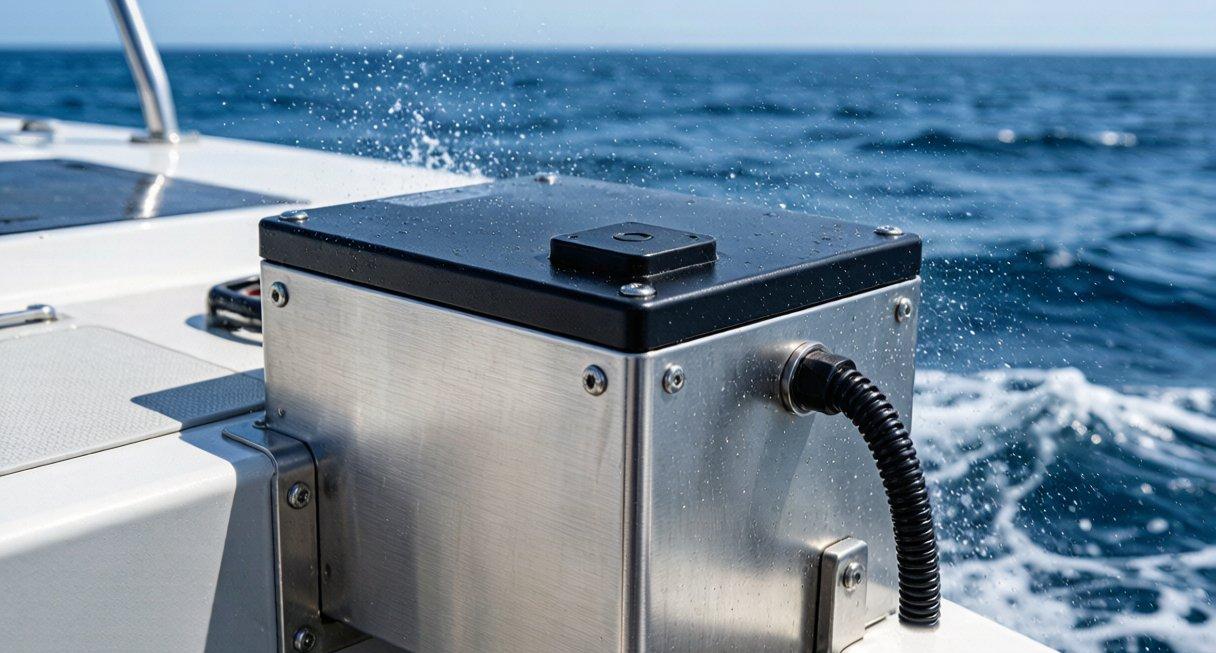 Marine-grade lithium battery pack in a saltwater environment with corrosion-resistant enclosure