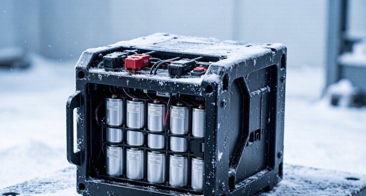 Sodium-ion battery pack module in a cold winter environment with frost