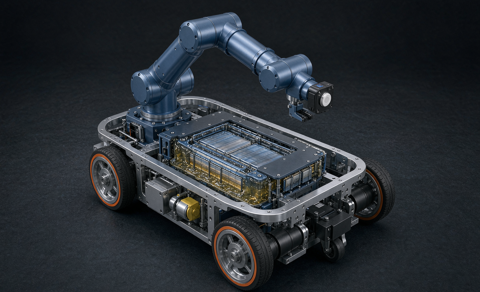 Semi-solid state battery pack inside an autonomous mobile robot with robotic arm cutaway view