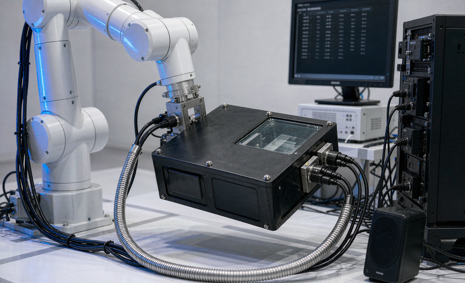 Semi-solid state battery pack being tested on a robotic arm in a battery laboratory