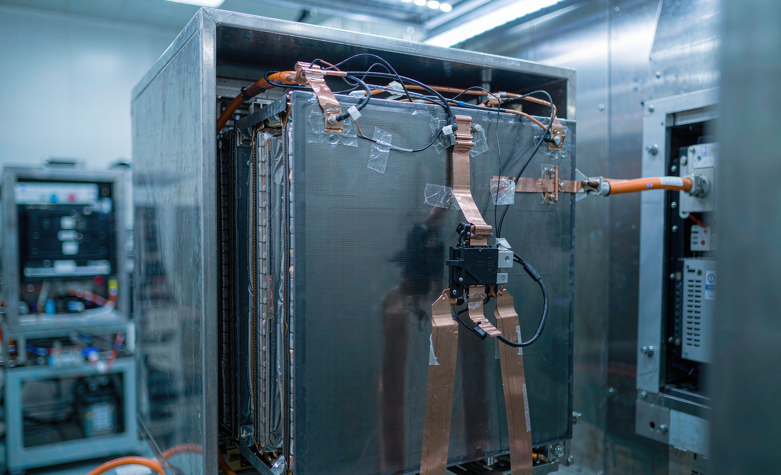 Semi-solid state battery testing for EV packs: prismatic module under compression fixture in an environmental chamber with cycler and thermocouples