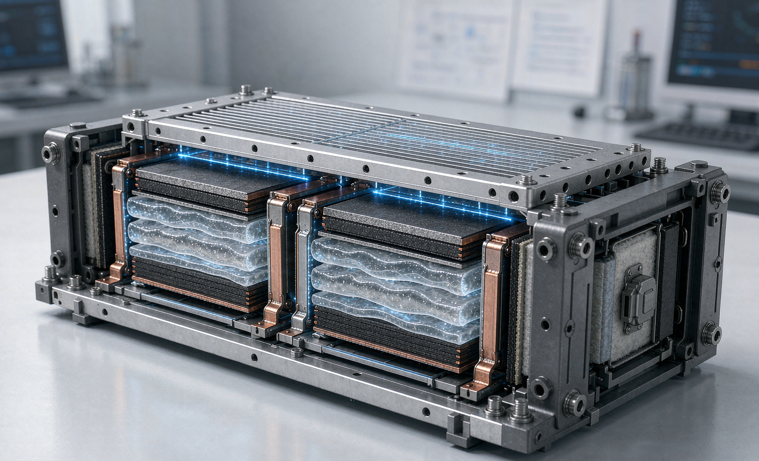 Semi-solid state battery module for EV packs showing quasi-solid gel electrolyte layers in an engineering cutaway