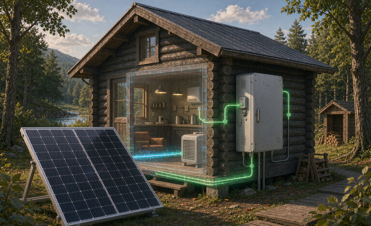 Home energy storage system for a remote cabin with solar panels and battery
