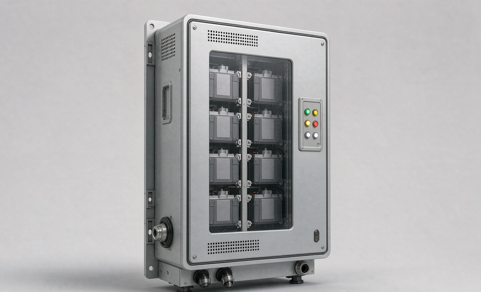 Sodium-ion battery backup power cabinet with safety vents, status indicators and cable entry