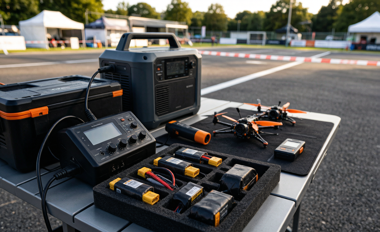 Racing drone battery deployment: labeled high-C-rate drone battery packs staged with a multi-channel balance charger at an FPV race field pit station