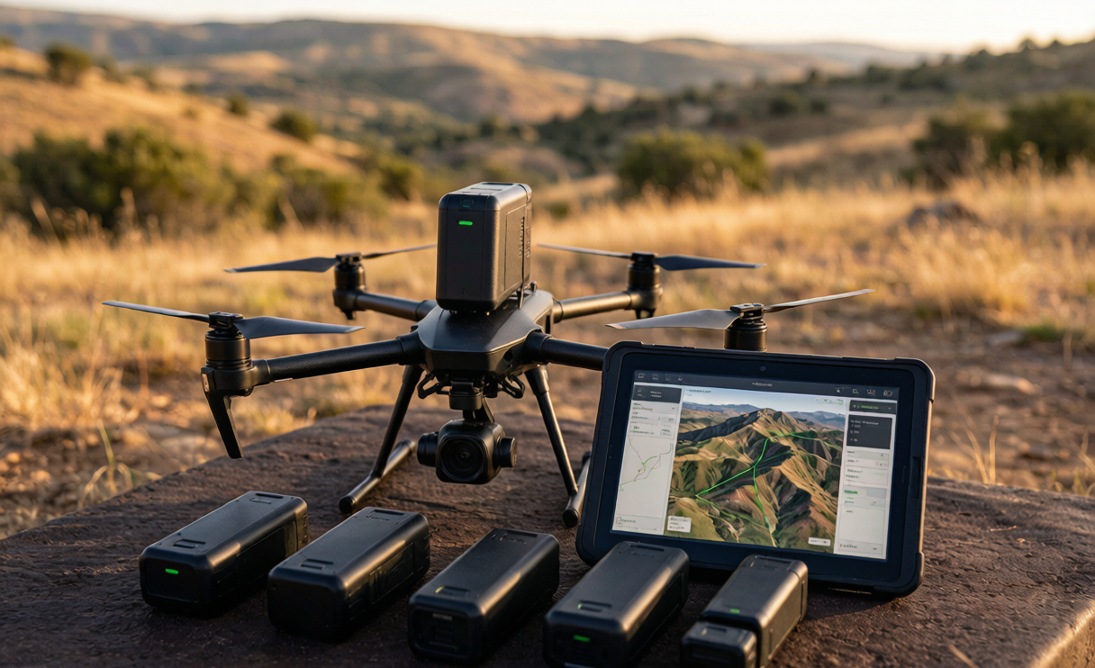 Drone battery deployment setup for mapping UAVs with spare lithium battery packs and a field tablet showing a survey flight path