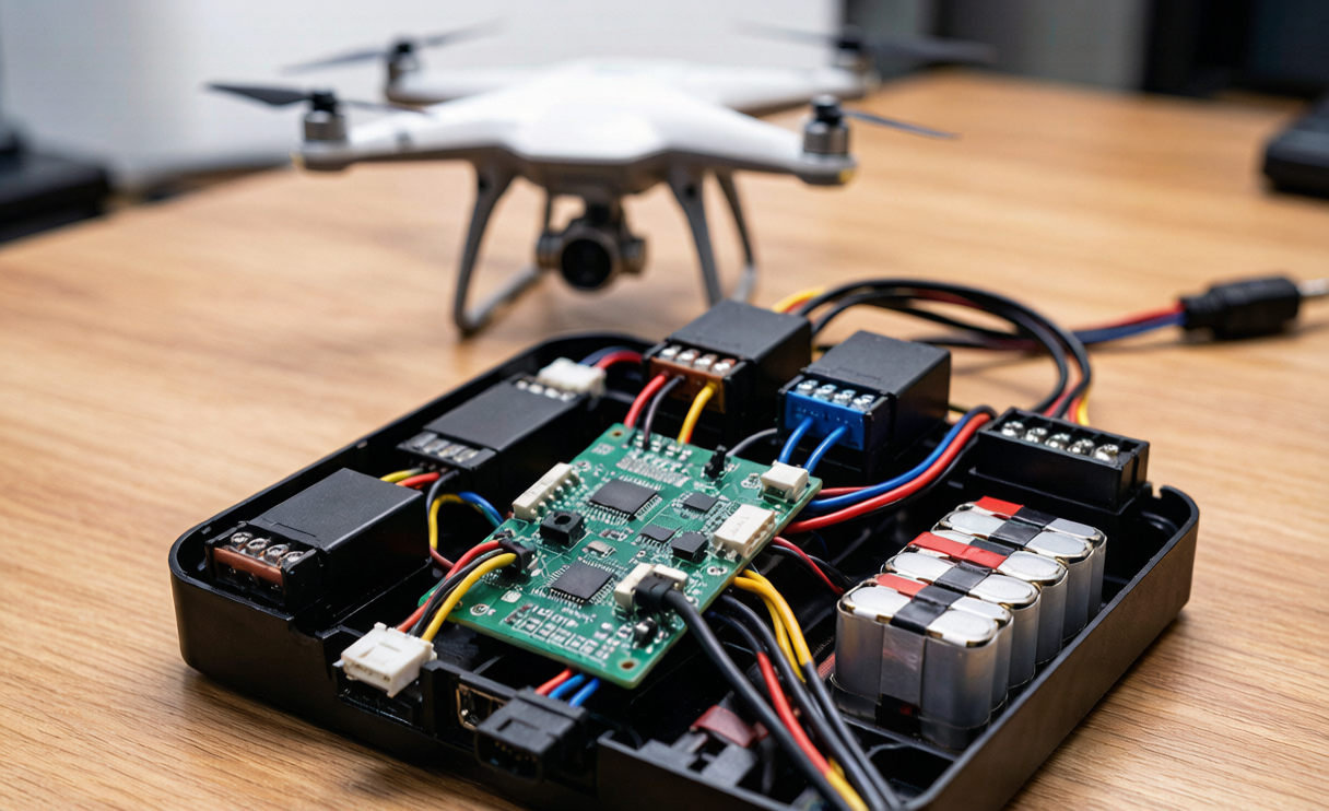 Inspection UAV drone battery pack designed as a multi-rail airborne power hub with regulated payload outputs