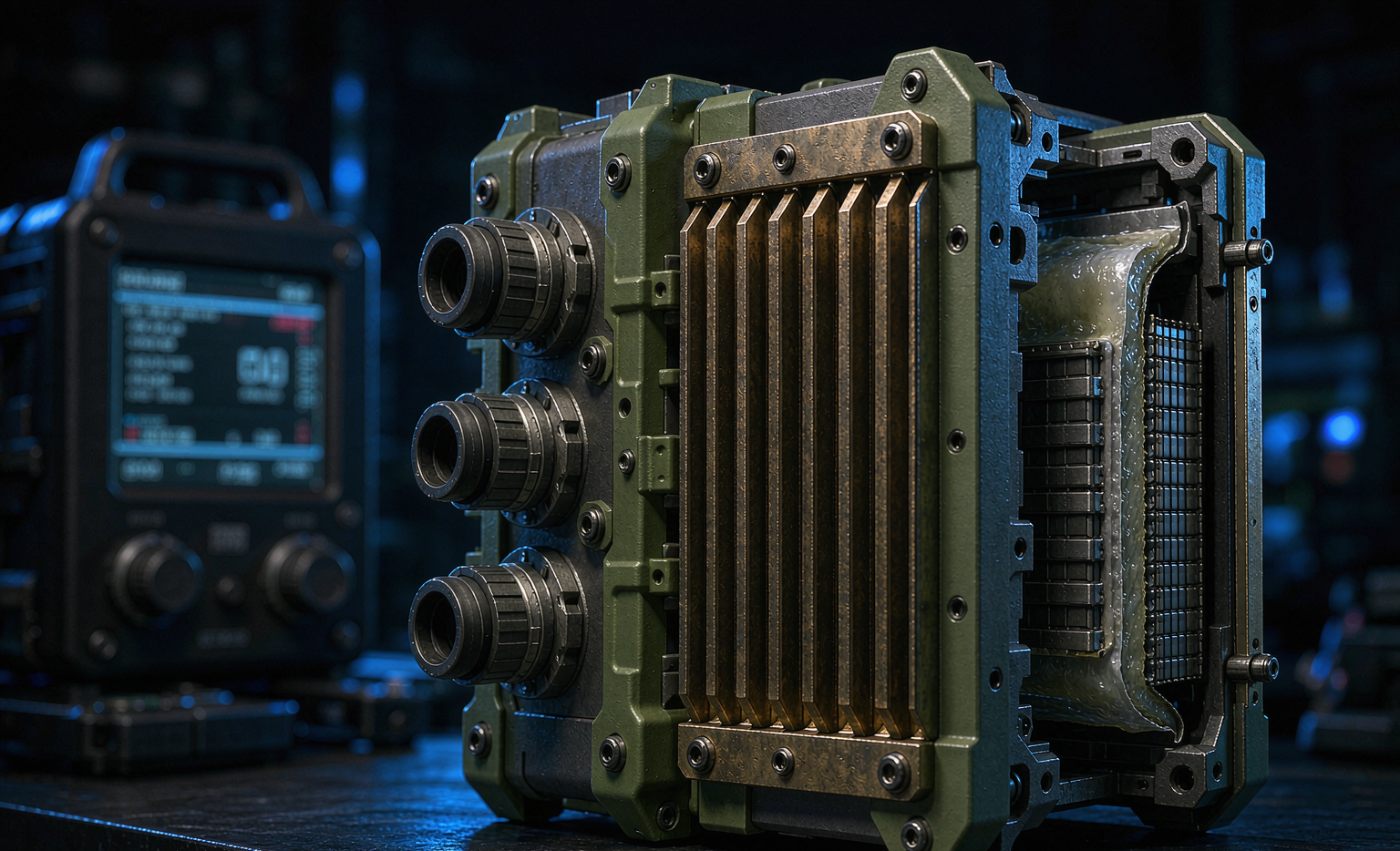 Semi-solid state battery for defense and tactical power: ruggedized conformal pack with engineering cutaway showing semi-solid gel electrode layers and ceramic-coated separator
