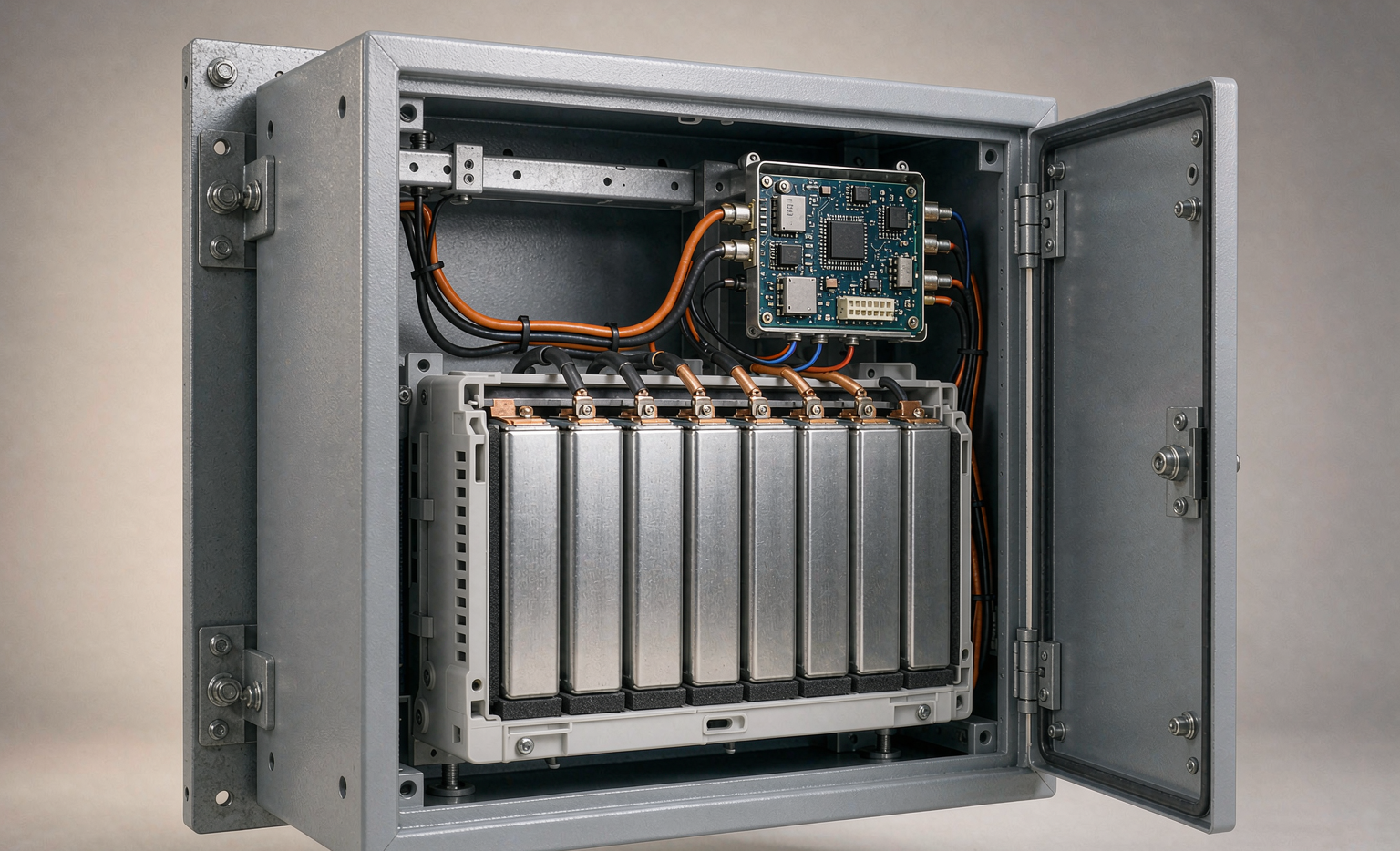 Sodium-ion battery backup power module inside a wall-mounted UPS cabinet