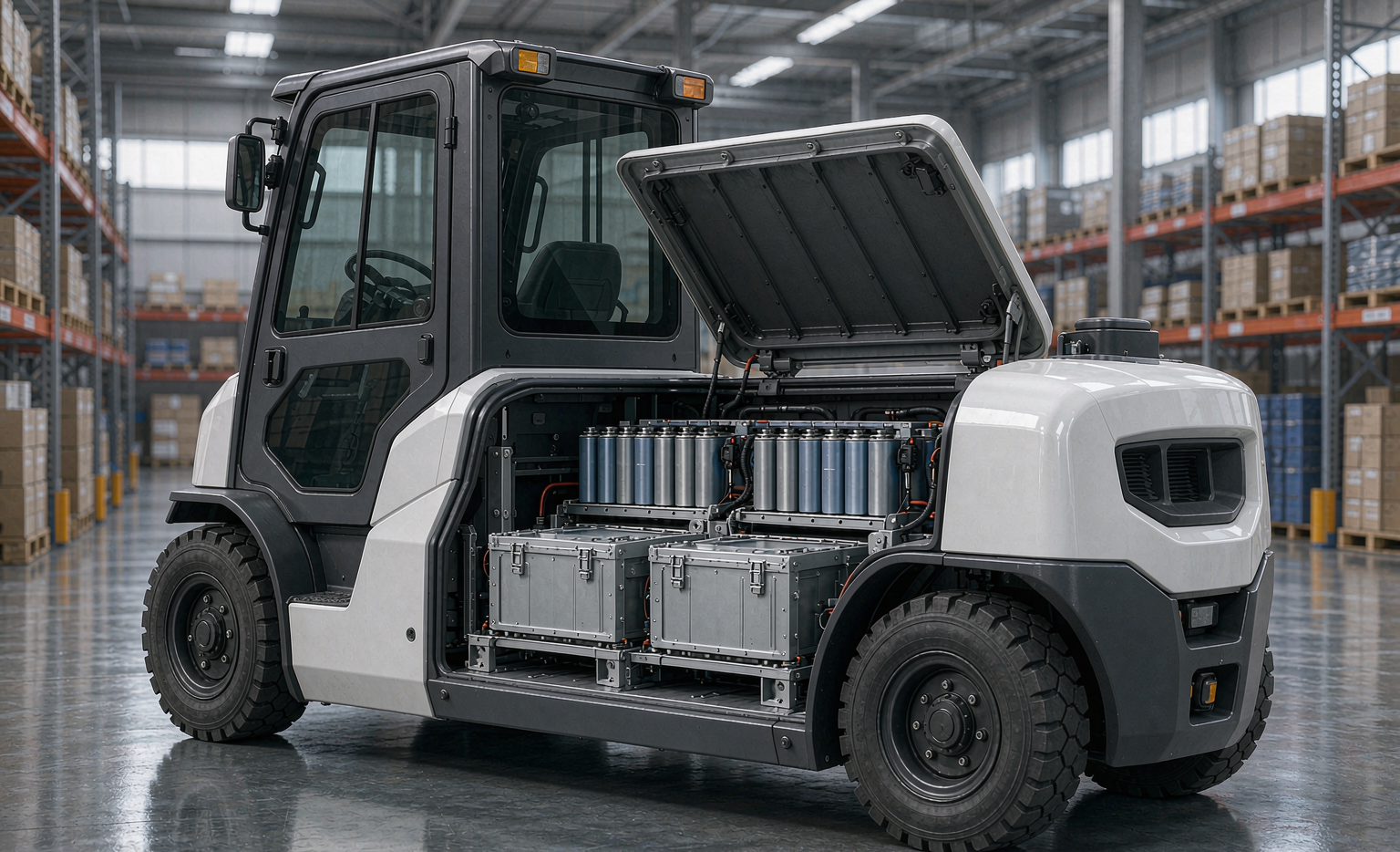 Sodium-ion battery pack installed in an industrial forklift for warehouse material handling