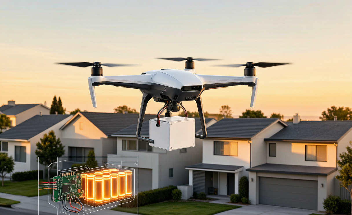 Delivery drone carrying a parcel powered by a drone battery pack with glowing lithium cells