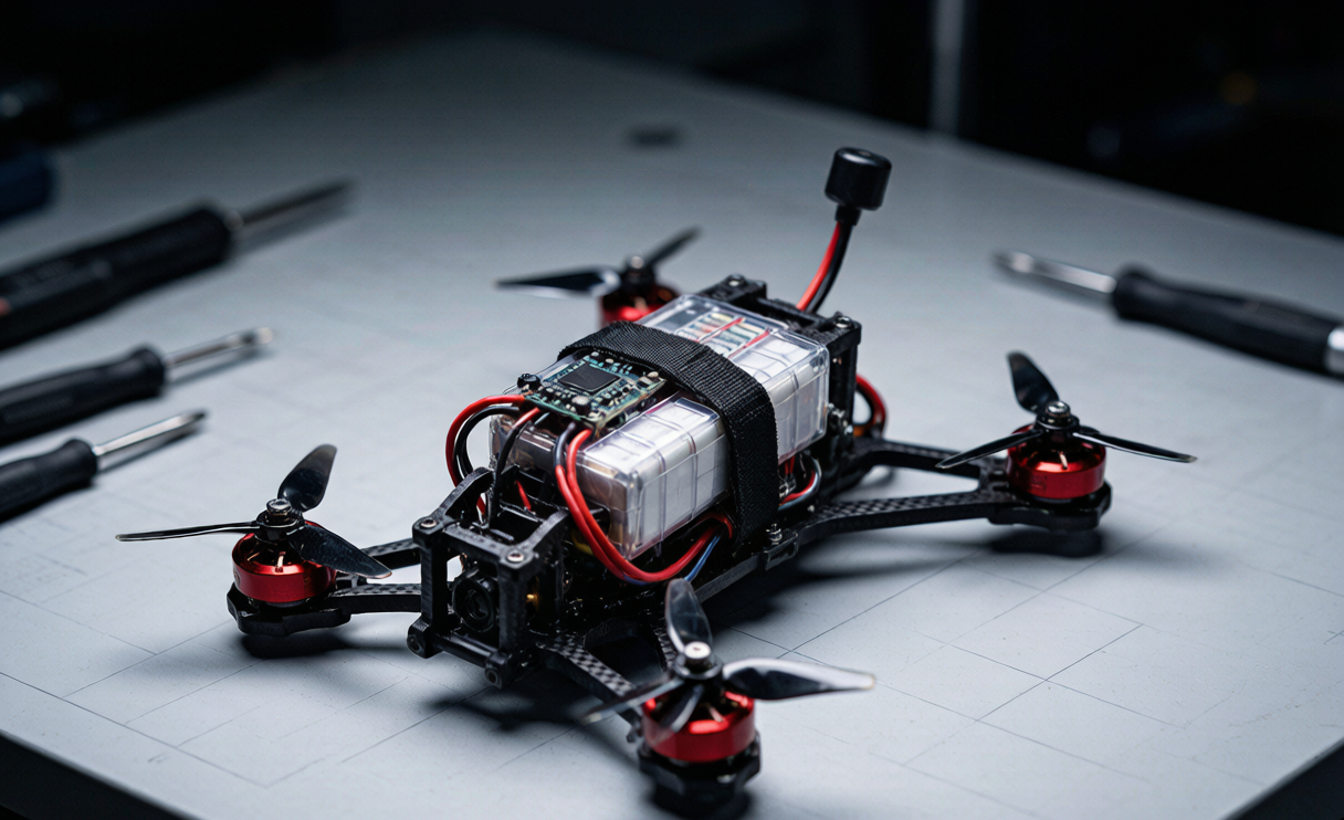 Racing drone with lithium polymer battery pack on engineering workbench