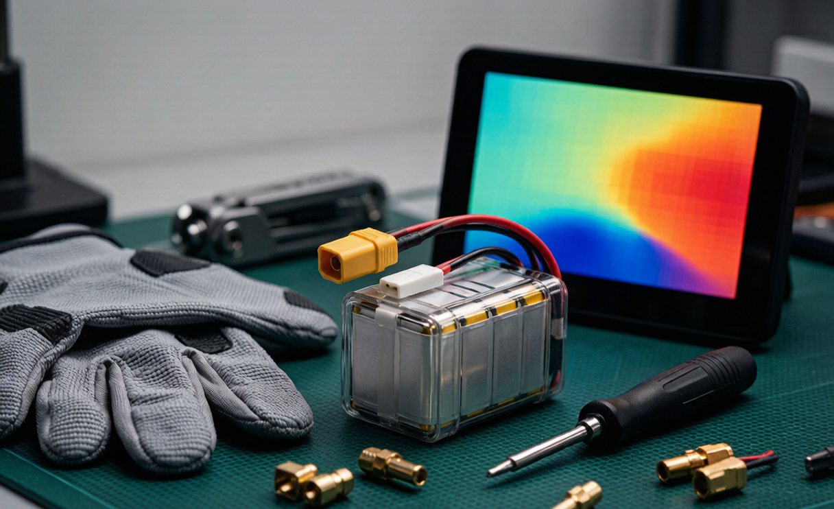 Engineer inspecting a drone battery pack for racing drone safety on an anti-static bench