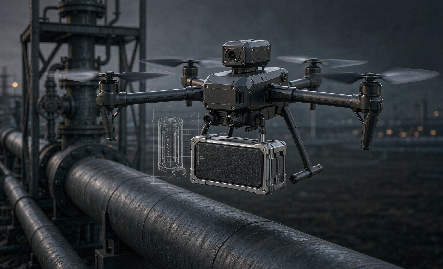 Inspection UAV quadcopter with a detachable drone lithium battery pack mounted over an industrial pipeline