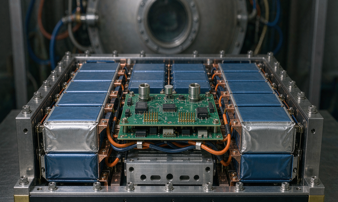 Aerospace-grade semi-solid state battery pack with BMS PCB and on-board telemetry harness for prognostics