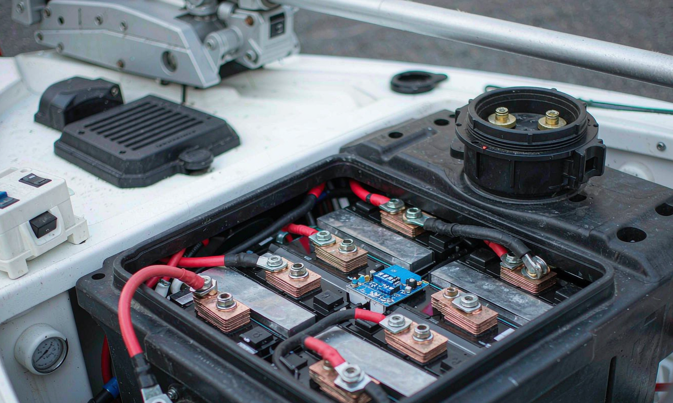 Cutaway view of a marine LiFePO4 lithium battery pack for trolling motors installed in a boat bow compartment with busbars, BMS board and tinned copper cables