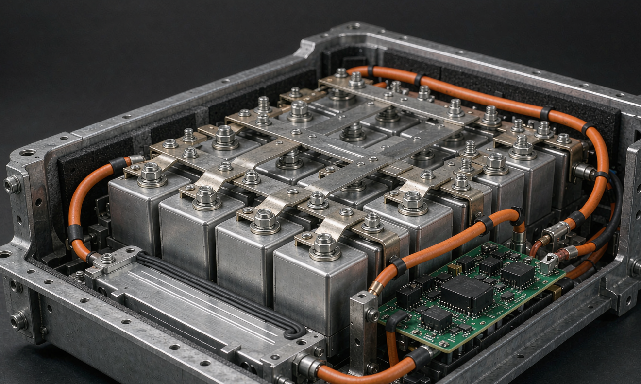 Opened automotive lithium battery pack module for electric commercial fleet vehicles showing prismatic LFP cells, copper busbars, BMS PCB and aluminum cooling plate