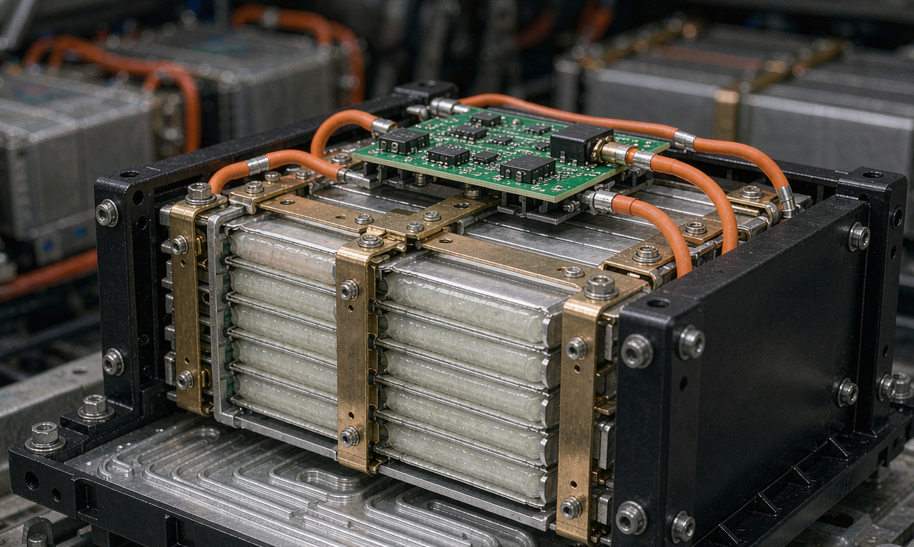 Cutaway view of a semi-solid state battery module for EV packs showing prismatic cells and busbars