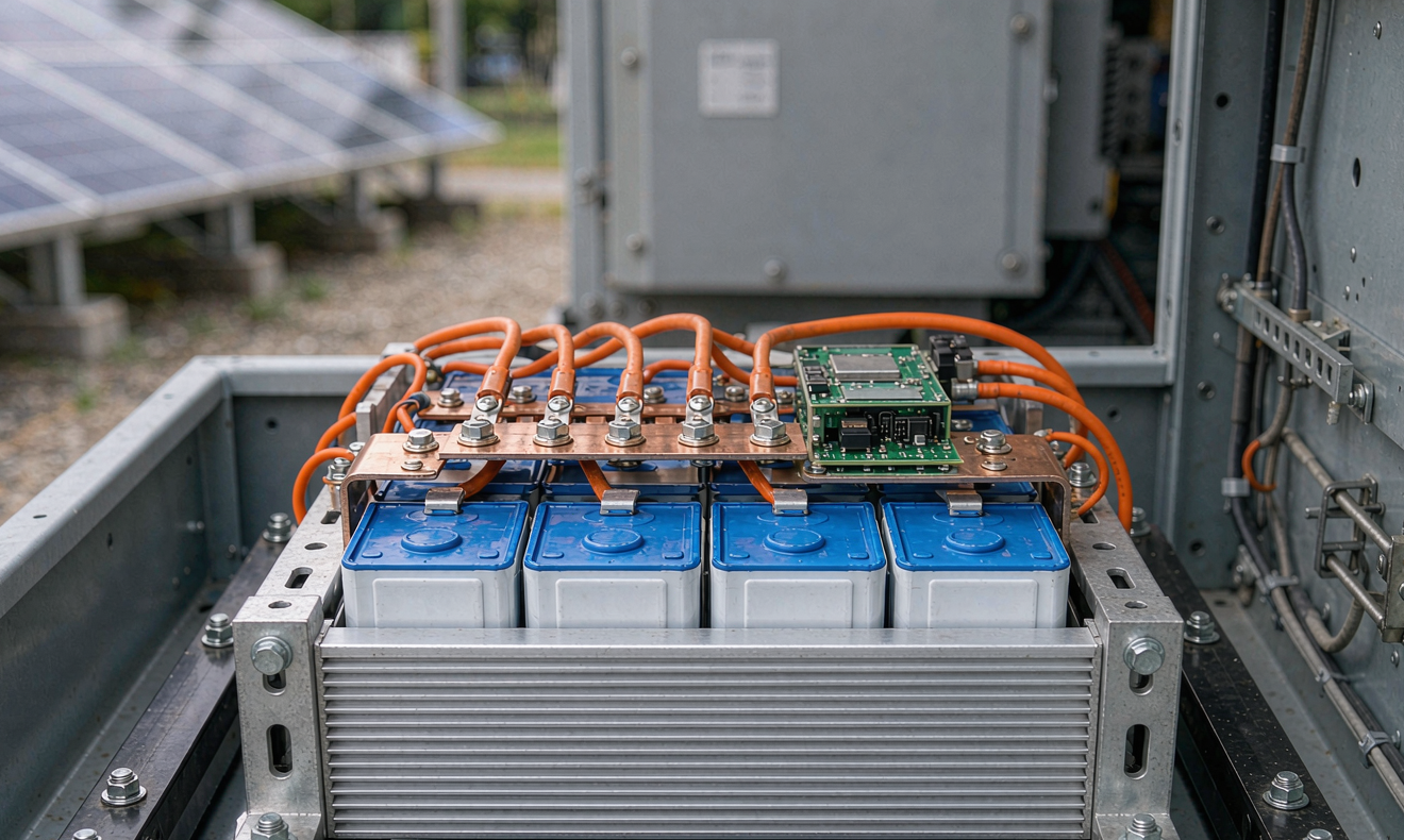 Sodium-ion battery pack with blue prismatic cells, copper busbars, BMS board and orange high-voltage cables installed in a microgrid enclosure with solar panels in the background
