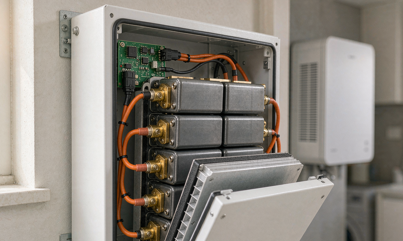 Home energy storage pack for apartments with BMS PCB and busbars visible during testing