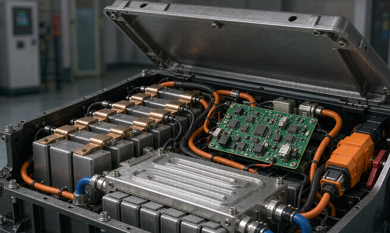 Battery solution cost optimization for vehicles - depot charging cutaway of commercial EV lithium battery pack with BMS PCB