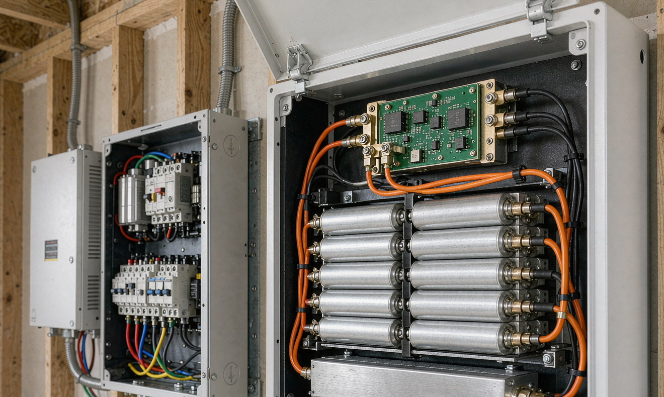 Pre-drywall rough-in of a wall-mounted LFP home energy storage cabinet with hybrid inverter, AC load center and exposed stud framing