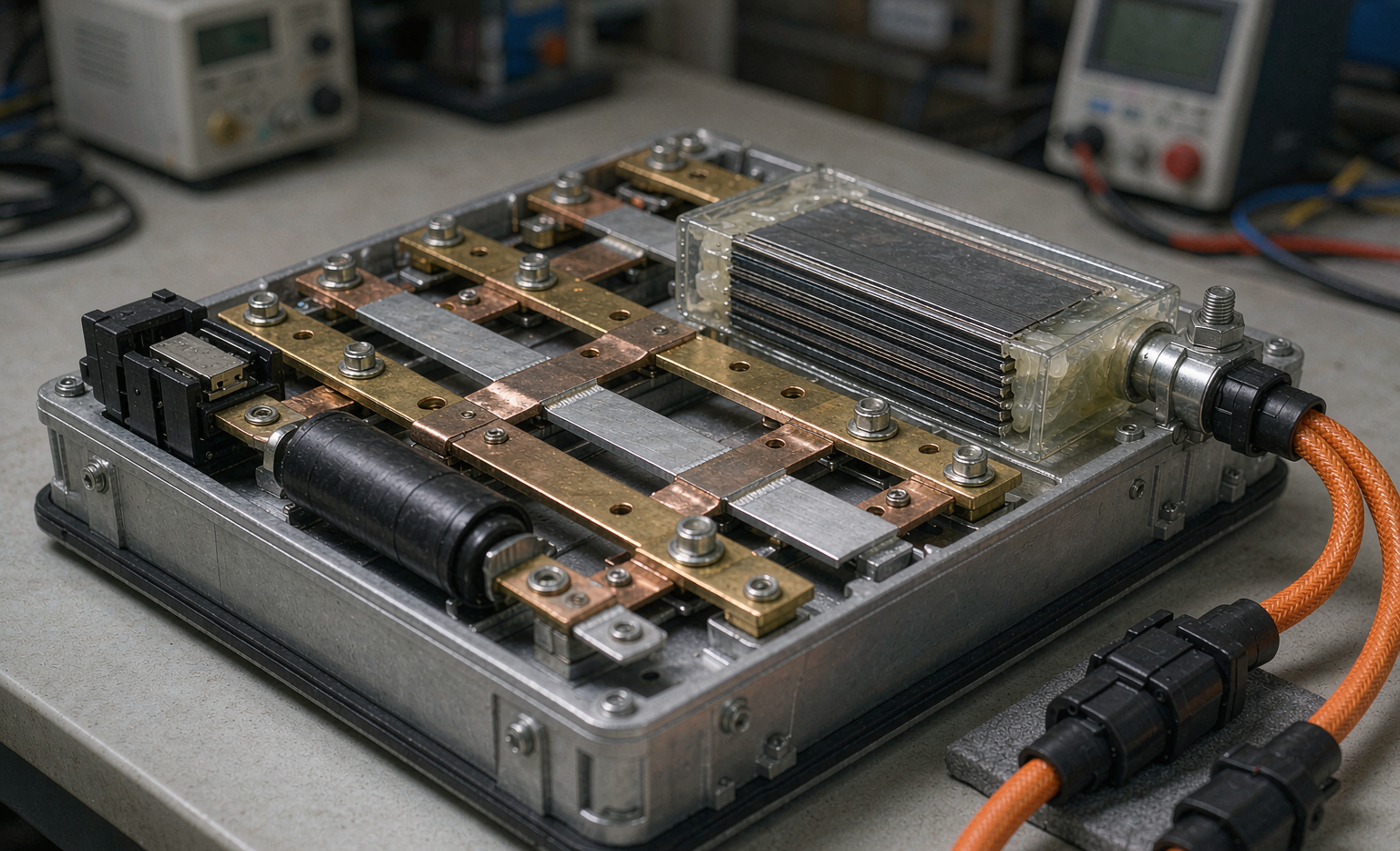 Semi-solid state battery module with copper busbars and fuse links