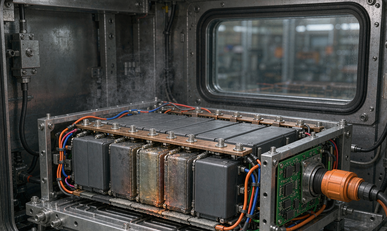 Cutaway view of a semi-solid state battery pack for EV testing inside an abuse test chamber, showing prismatic cells, copper busbars, BMS board, and orange high-voltage cabling