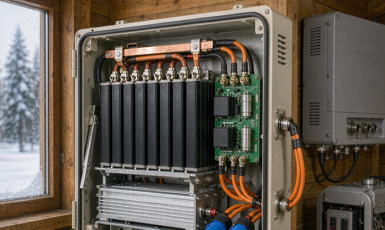 Cutaway view of a wall-mounted LiFePO4 home energy storage pack for an off-grid cabin, showing prismatic cells, copper busbars, BMS board and hybrid inverter