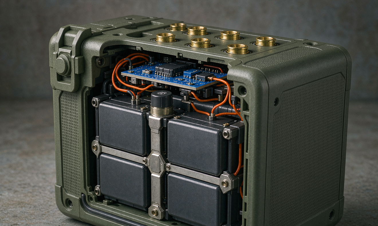 Cutaway of a rugged olive-drab portable military communications battery pack with prismatic cells, nickel-plated busbars, blue BMS board, orange high-voltage wiring and gold-plated contact terminals