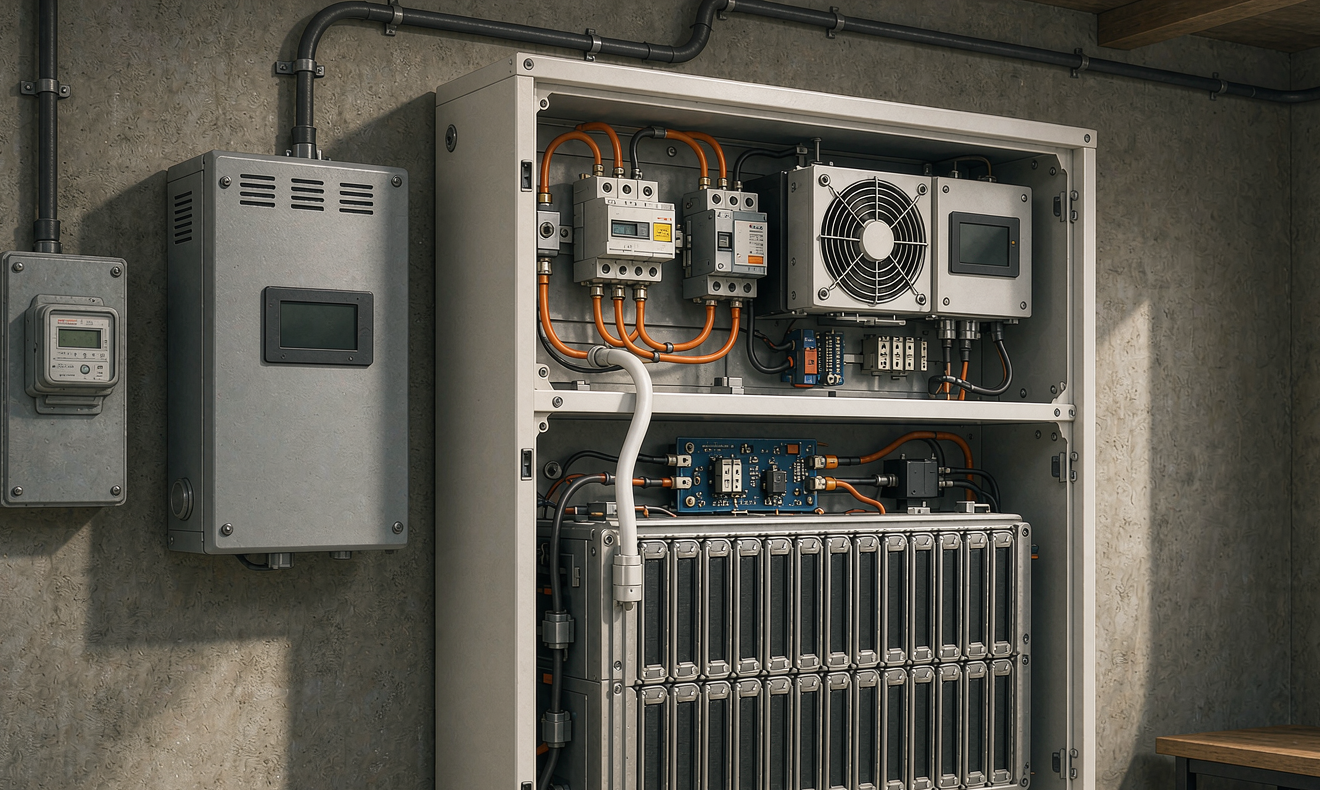 Cutaway of a wall-mounted home energy storage battery cabinet with prismatic LFP cells, BMS board, copper busbars and cold plate beside a solar inverter