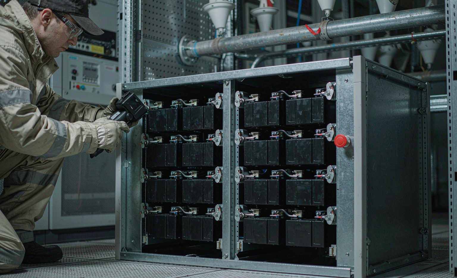 Lithium battery safety inspection in a data center UPS battery room with infrared thermal scanning of LiFePO4 modules